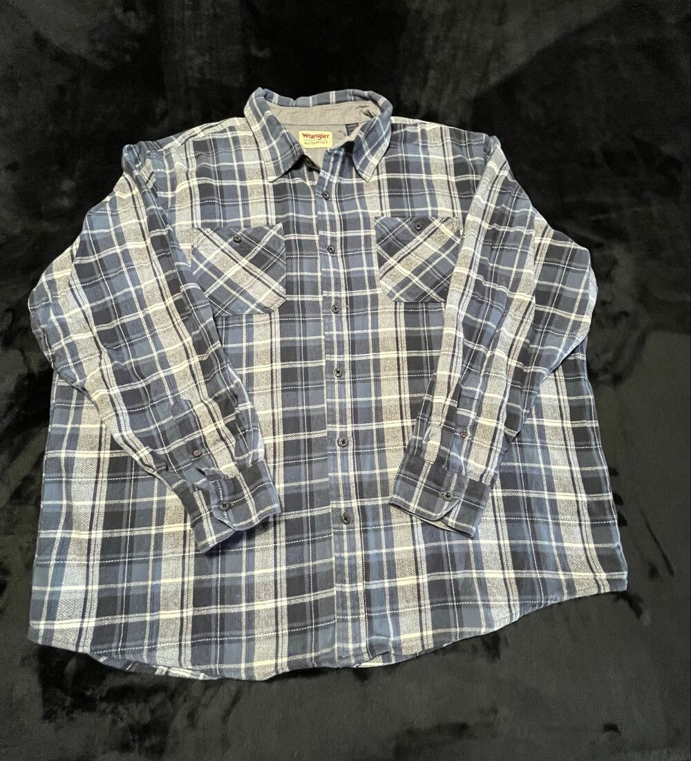 Wrangler Authentics Flannel Shirt Men 2XL Blue Plaid Long Sleeve Button Front